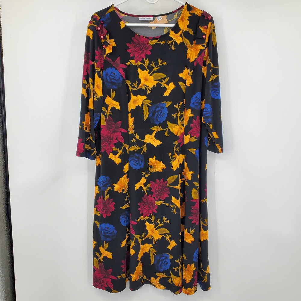 Susan Graver Liquid Knit Floral Midi Dress 1X Black Yellow Blue 3/4 Sleeve Pearl